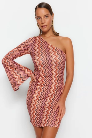 Trendyol Geometryczne wzorzyste dopasowane mini dzianinowe sukienki plażowe na jedno ramię