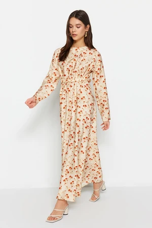 Trendyol Beige Floral Print Woven Dress with Waist Detail