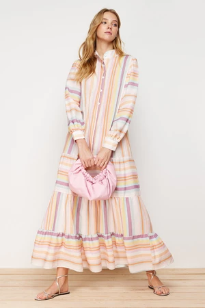 Trendyol Linen Look Woven Dress with Multi-Colored Striped Skirt and Ruffles