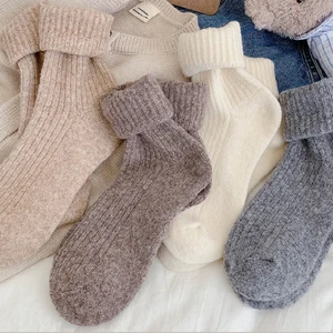 CHAOZHU Winter Wool Thicken Warm Socks For Women 3 Pairs/set High Quality Solid Colors Khaki Black White Lady Basic Sox