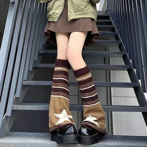 Y2k Women Leg Warmers Harajuku Reversible Striped Star Knitted Leg Socks Fall Winter Loose Fit Sock Cover Jk Thigh High Socks