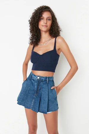 Trendyol Blue Pleated Normal Waist Denim Shorts Skirt