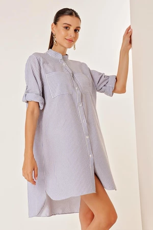 By Saygı Double Pocket Front Short Back Long Stripe Short Sleeve See-through Dress Blue