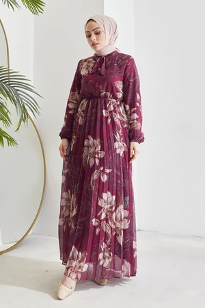 InStyle Serena Floral Print Pleated Chiffon Hijab Dress - Plum