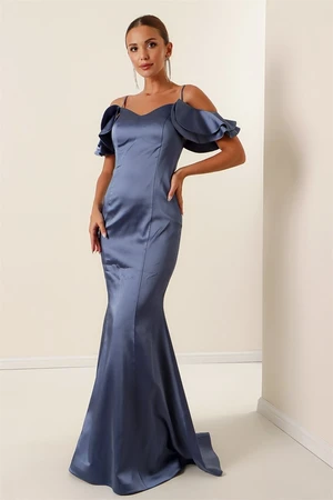 By Saygı Indigo Lined Long Satin Dress With Lace-Up Straps and Low Sleeves With Lace-Up Back.