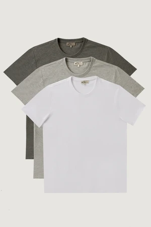 AC&Co / Altınyıldız Classics Men's White-grey Melange-brown Slim Fit Narrow Cut Crew Neck Pack of 3 100% Cotton T-Shirts