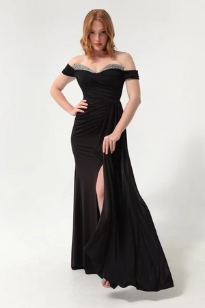 Lafaba Women's Black Long Evening Dress with Stones on the Tail