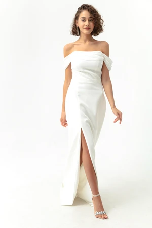 Lafaba Women's White Boat Collar Pearls Long Evening Dress