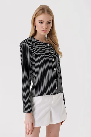 Bigdart 0681 Buttons Striped Knitted Jacket - Black