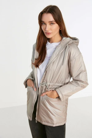 Trendyol Stone Oversize Hooded Inflatable Coat with Smocking at the Waist