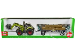 Claas Tractor with Square Bale Grab Green and Oehler Bale Trailer with 12 Hay Bales 1/50 Diecast Model by Siku