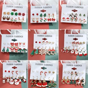 6 pairs Christmas Earrings Xmas Tree Brown Elk Snowman Santa Claus Cute Christmas Stud Earrings Christmas Gifts For Women Girls