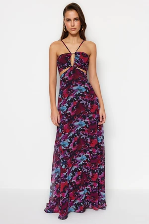 Trendyol Chiffon Print Evening Dress With Multicolored Lining Window/Cut Out Detailed