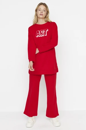 Trendyol Red Slogan Printed Knitted Tracksuit Set with Soft Pillows