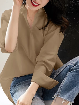 Solid V Neck Long Sleeve Casual Blouse