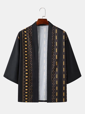 Mens Ethnic Graphic Patchwork Front Open 3/4 Sleeve Length Kimonos