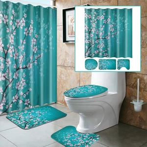 Plum Blossom Print Waterproof Mildew-proof Shower Curtain 3-in-1 Anti-slip Mat Kit Velvet Fabric Bathroom Mat Set