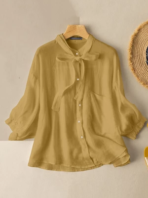 Solid Color Stand Collar Drawstring Shirt For Women