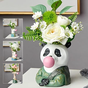 Animal Head Resin Succulent Vase Flower Pot Hand Painting Giraffe Rabbit Bear Panda Blowing Bubble Animal Bust Figure Va