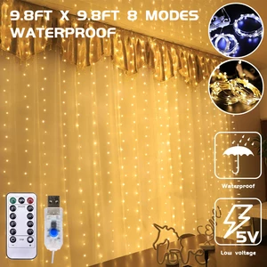 3*3m 300LED USB Waterproof LED Window Curtain String Lights Remote Control 8 Modes Fairy Lights Home Christmas