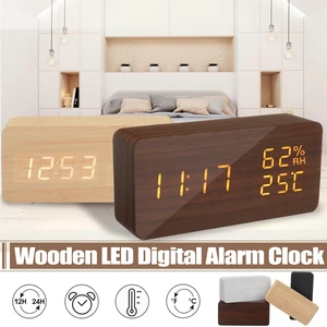 Modern Wooden LED Digital Desk Alarm Wireless Clock Thermometer USB Charger LED