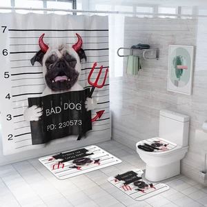 Devil Dog Waterproof Fabric Scenery Bathroom Shower Curtain Bathroom Toilet Rug Lid Toilet Cover Bath Mat Set