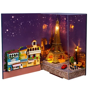 VIAI Eiffel Tower DIY 3D Book Stand Nook Shelf Insert Kits with Dust Cover & LED Light Puzzle Toy for Child Adult Creati