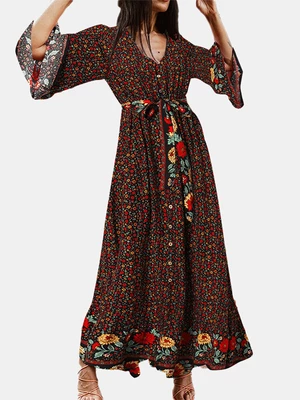 Bohemian Floral Print Belt Ruffle Sleeve Maxi Dress