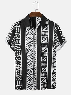 Mens Ethnic Striped Printed Pocket Short Sleeve Shirts
