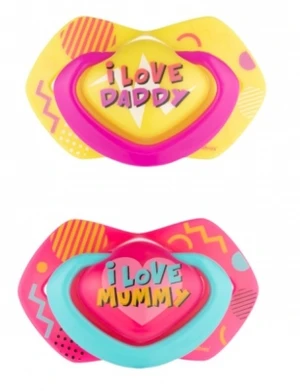 Canpol Babies 2 ks symetrických silikonových dudlíků, +18m, Neon Love Baby, růžovo, žluté