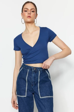 Trendyol Blue Fitted/Sleek, Double-breasted Collar Crop Viscose Stretch Knit Blouse