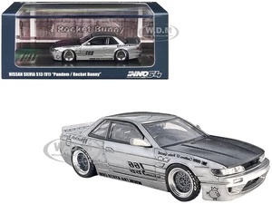 Nissan Silvia S13 (V1) RHD (Right Hand Drive) Silver Metallic with Carbon Hood "Pandem/Rocket Bunny" 1/64 Diecast Model Car by Inno Models