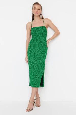 Trendyol zielono-wielokolorowa dzianinowa elegancka suknia wieczorowa z tkaniny strukturalnej