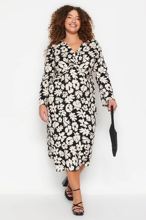 Trendyol Curve Black and White Floral Pattern Woven Viscose Dress