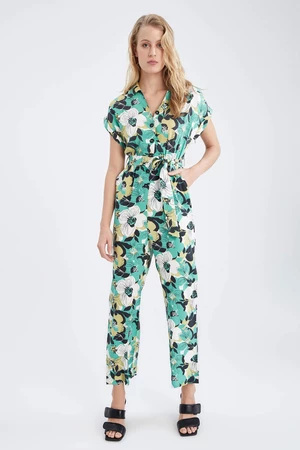 DEFACTO Short Sleeve Floral Print Belted Midi Dungarees