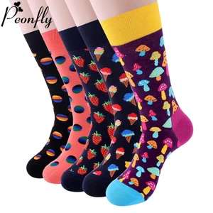 PEONFLY Colorful Cotton Men's Socks Funny Mushroom Strawberry Geometric Calcetines Happy Casual Skate Harajuku Socks