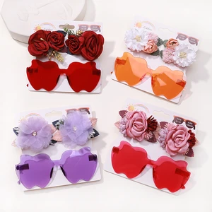 3Pcs/Set Artificial Flower Hairpins Sunglasses Set for Kids Girls Vintage Geometry Protective Glasses Headwear Hair Accessories