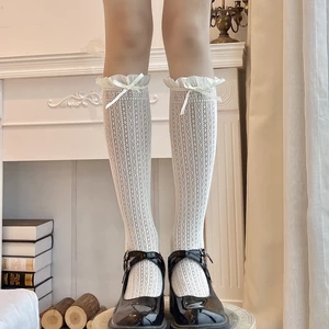 Japanese Retro Women Stockings Ruffle Long Socks Lolita Style White Lace Knee High Sock Sweet Girls Cute Bow Thigh High Stocking