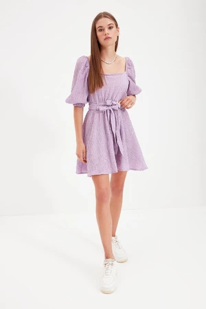Trendyol fialové pásové mini tkané šaty