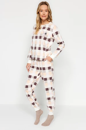 Trendyol Multicolored Cotton Plaid Tshirt-Jogger Knitted Pajama Set