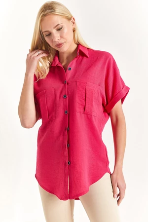 armonika Women's Fuchsia Linen Shirt with Double Pocket Detail and a yoke at the back