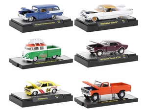 "Auto Meets" Set of 6 Cars IN DISPLAY CASES Release 72 Limited Edition 1/64 Diecast Model Cars by M2 Machines