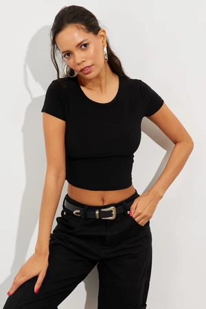 Cool & Sexy Women's Black Open Waist Crop Blouse GC130