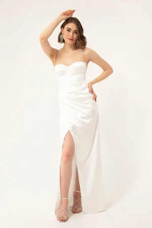 Lafaba Women's White Long Satin Evening Dress with Stones and Slits.