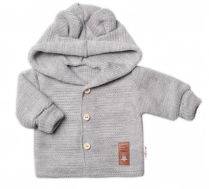 Dětský elegantní pletený svetřík s knoflíčky a kapucí s oušky Baby Nellys, šedý, vel. 86 (12-18m)