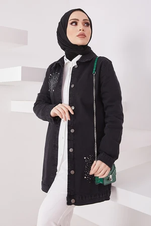 InStyle Pearl Detailed Denim Jacket - Black
