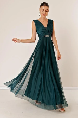 By Saygı V-Neck Front And Back With Buckle In The Front Tulle Evening Dress.