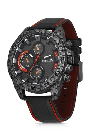 Polo Air Sport Leather Band Checkerboard Pattern Men's Wristwatch Black Color