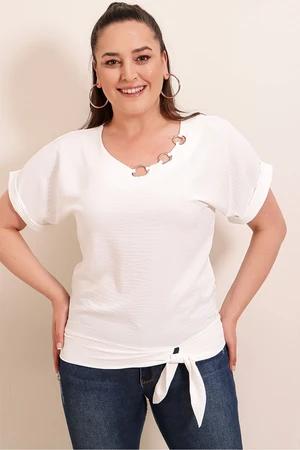 By Saygı Collar Metal Detail Tied Waist Plus Size Ayrobin Blouse Ecru