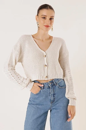 By Saygı Buttoned Front Perforated Sleeves Crop Cardigan